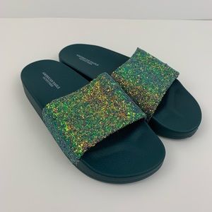 American Eagle Outfitters Teal Glitter Slides